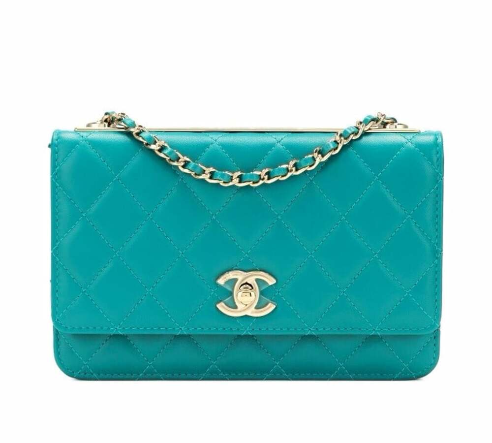 CHANEL Quilted Wallet on Chain WOC Flap Turn Lock Teal Gold HW Dust Bag